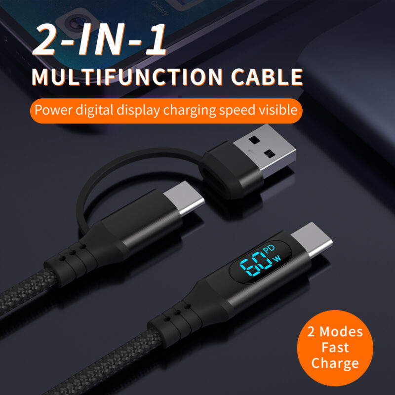 Star-sky Series 2-IN-1 Multi-Function Charging Watts LED Display TYPE CM+USB Adapter/TYPE CM Braid 3A PD Charging Cable - ...