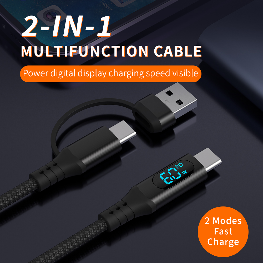 Star-sky Series 2-IN-1 Multi-Function Charging Watts LED Display TYPE CM+USB Adapter/TYPE CM Braid 3A PD Charging Cable - ...