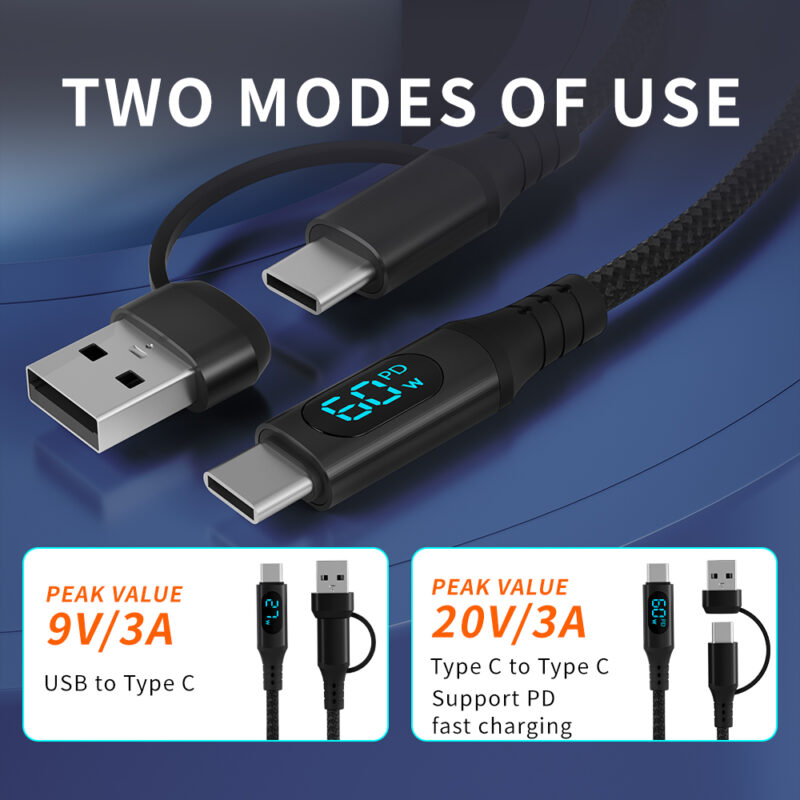 Star-sky Series 2-IN-1 Multi-Function Charging Watts LED Display TYPE CM+USB Adapter/TYPE CM Braid 3A PD Charging Cable - ...