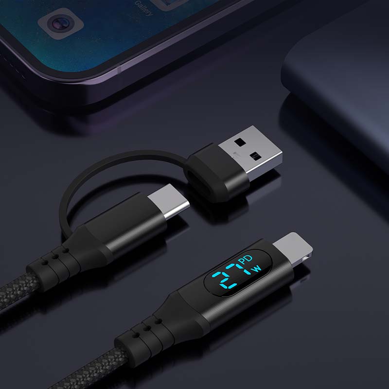 Star-sky Series 2-IN-1 Multi-Function Charging Watts LED Display TYPE CM+USB Adapter/Lightning Nylon Braid PD Charging Cab...