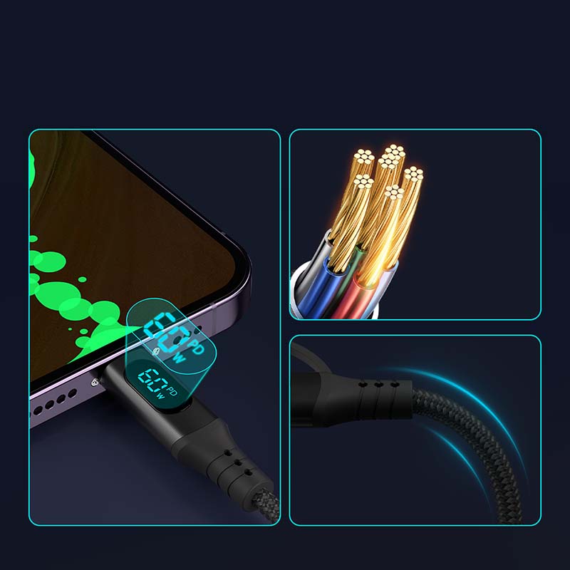 Star-sky Series 2-IN-1 Multi-Function Charging Watts LED Display TYPE CM+USB Adapter/Lightning Nylon Braid PD Charging Cab...